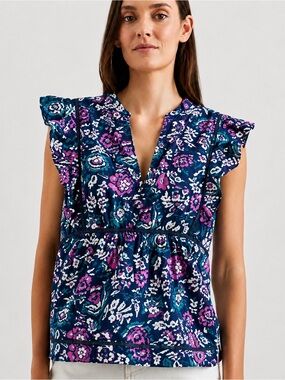 Rails Misha Top Woodblock Floral Flutter Sleeve V Neck Eyelet Size XS